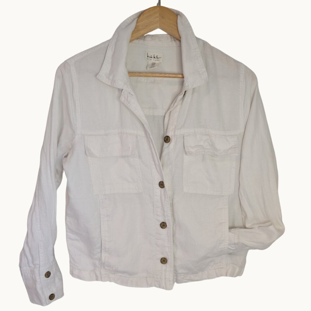 Nicole Miller White Linen Blend Cropped Jacket Button Front Utility Shirt M - Picture 2 of 11